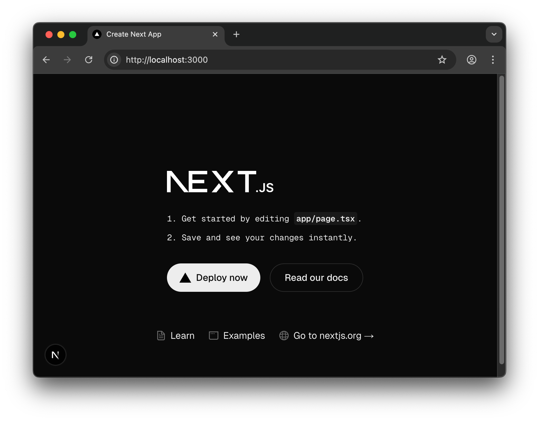 ブラウザで表示されたNext.jsアプリの初期画面。中央にNext.jsロゴと「app/page.tsx を編集して開始」などのガイド、下部に「Deploy now」ボタンがある